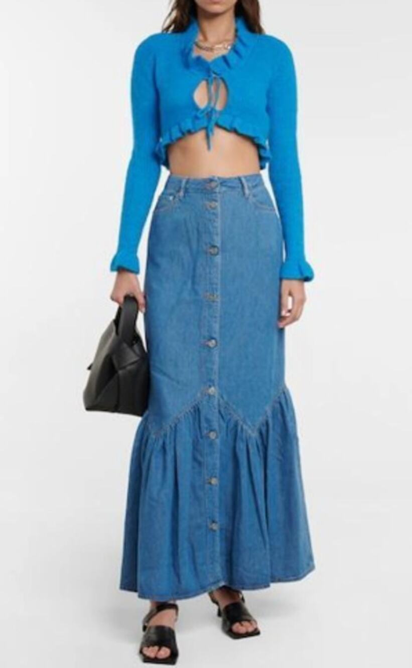 Ganni Ruffled Organic Cotton Lyocell Denim Button Front Maxi Skirt Blue 36 / US4